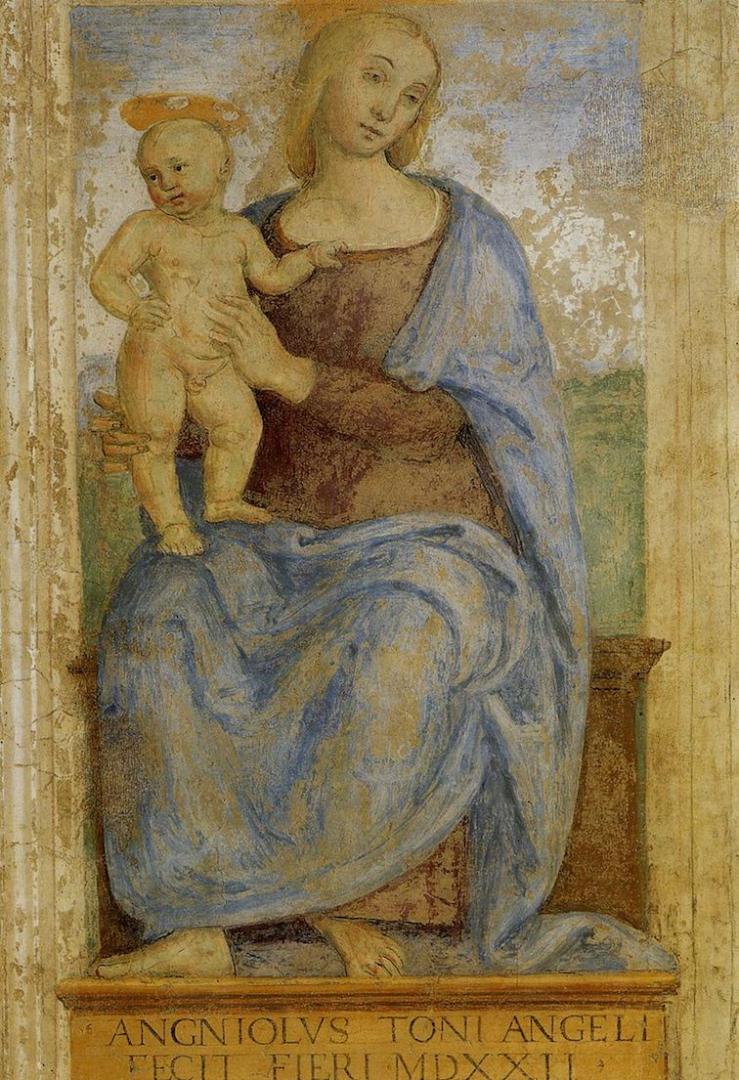 Affresco della Madonna col Bambino di Pietro Perugino, caratterizzato da linee delicate e colori morbidi, con iscrizione in basso.