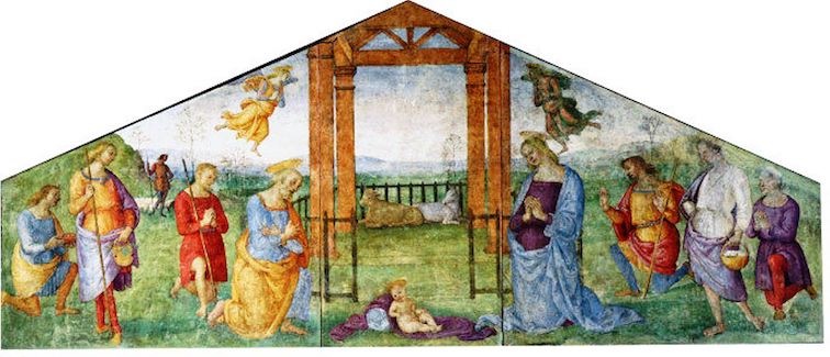 Affresco di Perugino raffigurante l'Adorazione dei Pastori, con il Bambino Gesù al centro e pastori inginocchiati in preghiera ai lati.