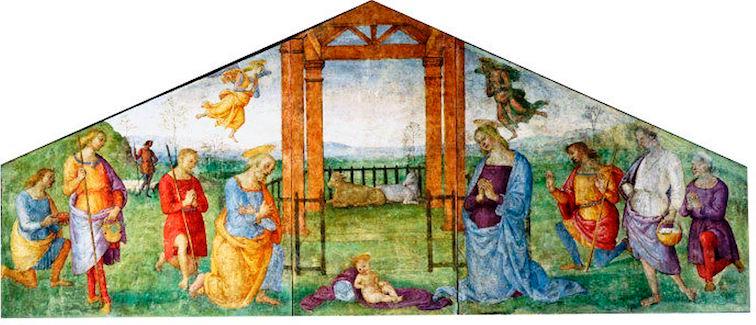 Affresco di Perugino raffigurante l'Adorazione dei Pastori, con il Bambino Gesù al centro e pastori inginocchiati in preghiera ai lati.