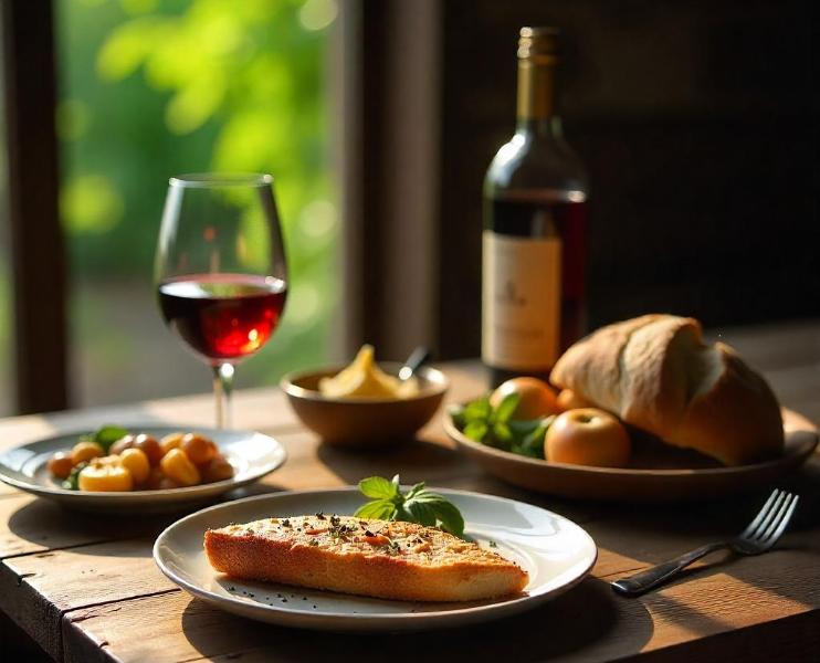 Tavola apparecchiata con piatti tipici, calice di vino rosso e bottiglia