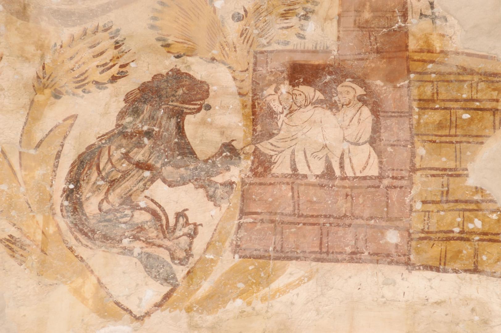 Medieval fresco depicting Saint Jerome removing a thorn from a lion’s paw.