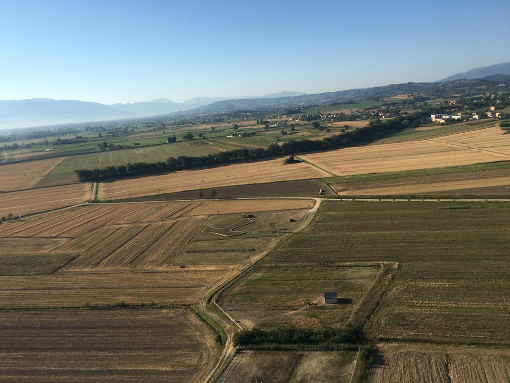 Vue aérienne des champs de Piandarca avec le grand TAU franciscain visible au centre du paysage rural.