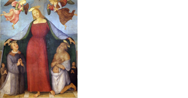 Madonna della Misericordia protegge due fedeli inginocchiati sotto il suo manto; sopra di lei, due angeli.