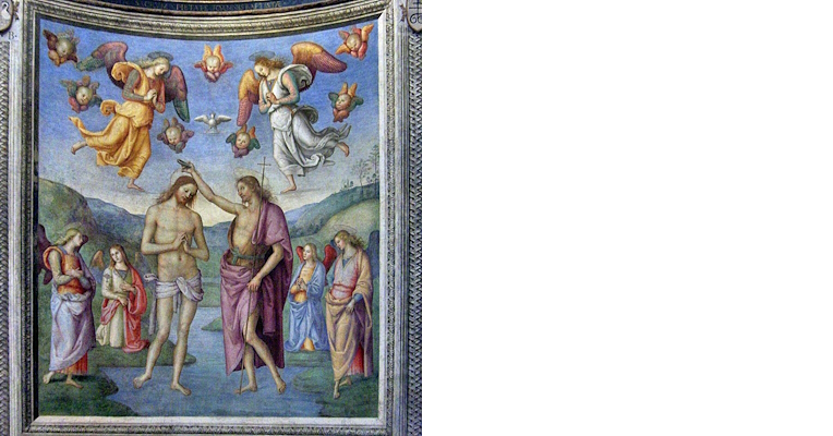 Fresco of the Baptism of Christ, with Jesus and John the Baptist at the center, angels, and cherubs floating against a celestial background.