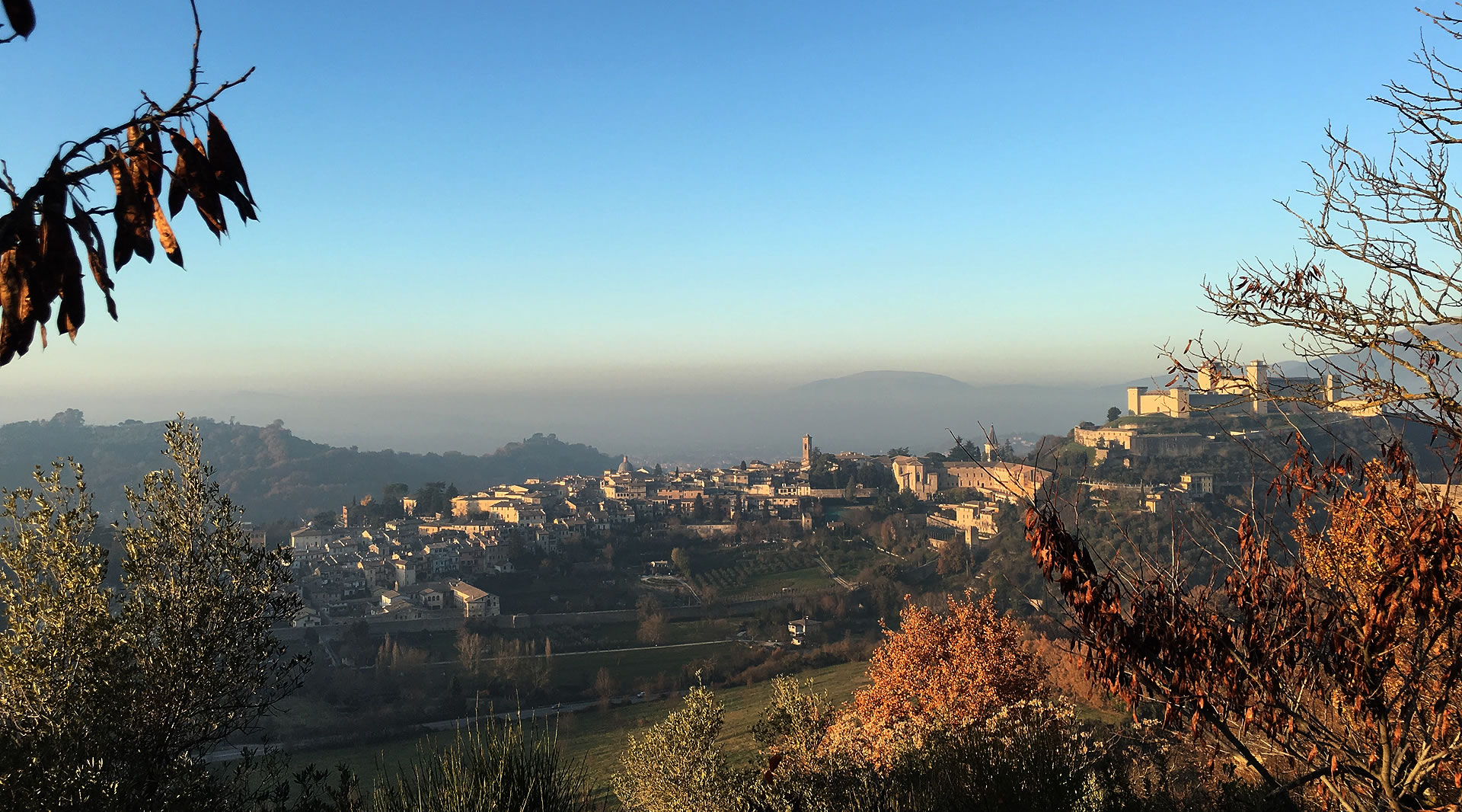Vue panoramique de Spolète avec la cathédrale, la Rocca Albornoziana et des toits historiques nichés dans les collines ombriennes.