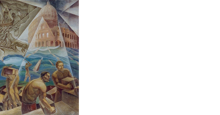 Wandgemälde von Dottori mit Arbeitern bei der Arbeit, Symbolen der römischen Zivilisation wie dem Kolosseum und einem Schiff, im dynamischen Stil.