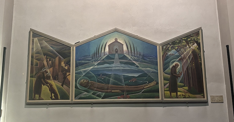Triptychon mit Szenen von Franz von Assisi: hügelige Landschaften, eine Kirche im Zentrum, betende Figuren in Harmonie mit der Natur.