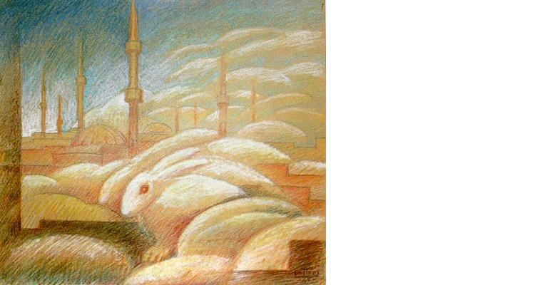 Traumhafte Landschaft mit Kuppeln, Minaretten und weißen Kaninchen, die sich in die Architektur einfügen, in warmen und sanften Tönen.
