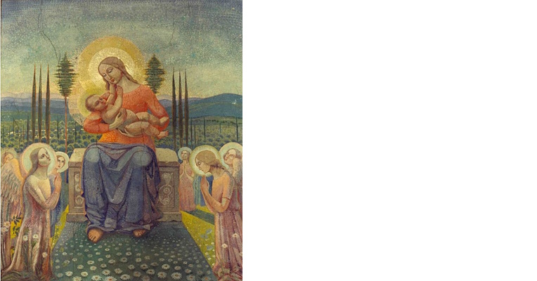 Fresko mit der Madonna mit Kind auf einem Thron, umgeben von betenden Engeln, eingebettet in eine Landschaft mit Zypressen und Hügeln.