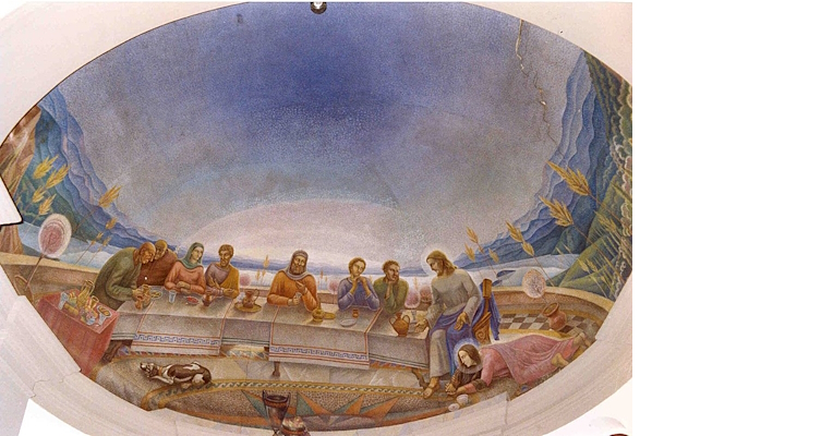 Fresco of the Last Supper in “fish-eye” style with symbolic details, in the parish church of Tuoro.