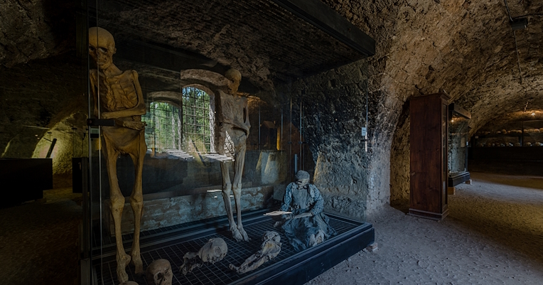 Una teca con mummie ben conservate in un ambiente sotterraneo, con teschi e resti umani esposti.