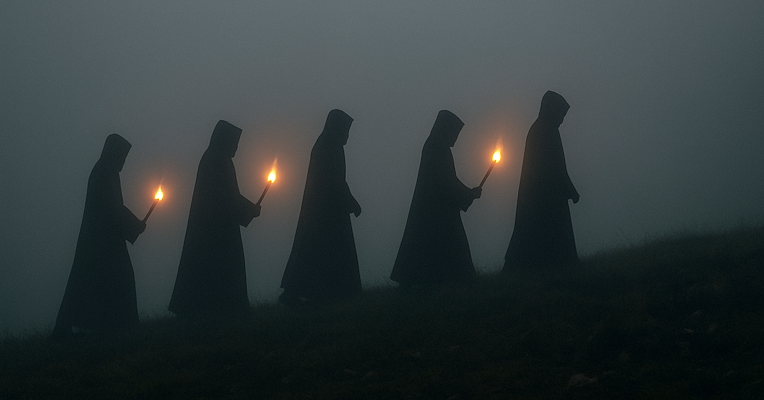 Five hooded figures walk in the fog holding lit torches.