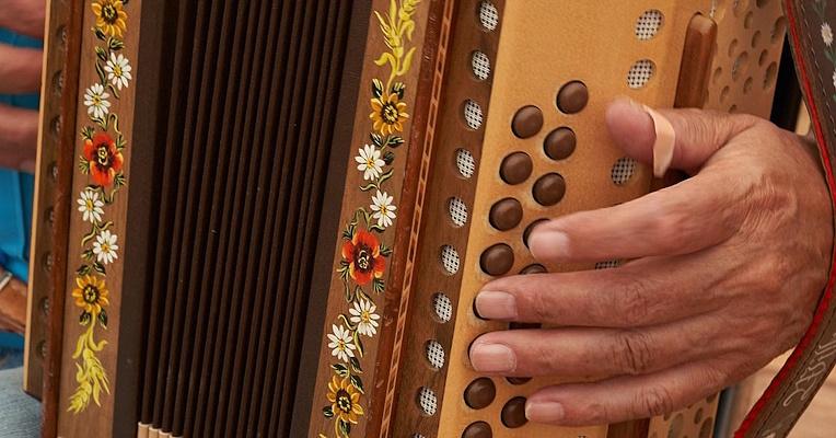 Immagine di un suonatore di organetto con le dita poggiate sui tasti laterali dello strumento
