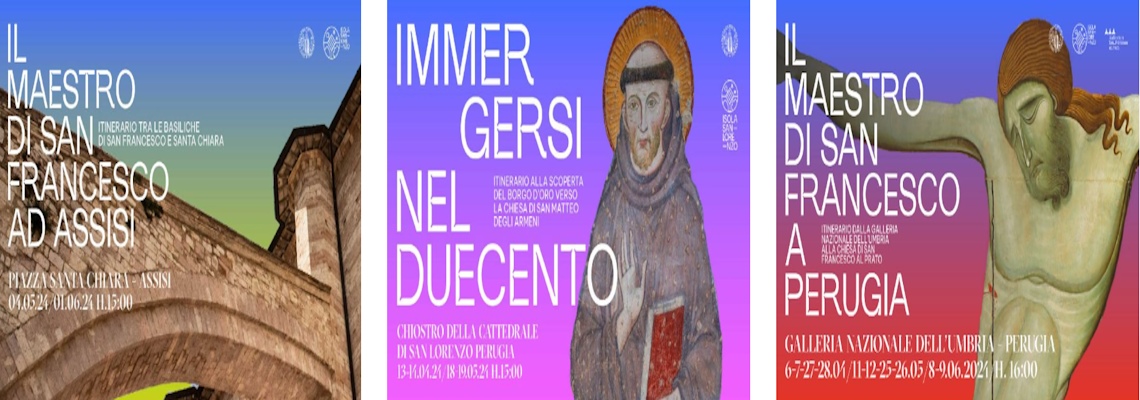Le locandine dei tre itinerari guidati per scoprire l’Arte del Duecento tra Perugia e Assisi