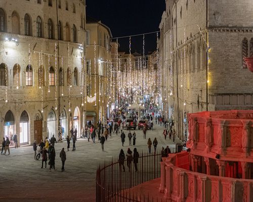 View of Piazza 4 Novembre, Fontana Maggiore and Corso Vannucci during the Christmas holidays - Perugia
