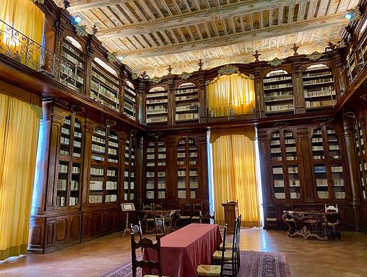 A historic library with intricately carved wooden shelves, a frescoed ceiling, a central table, and large windows with golden curtains.