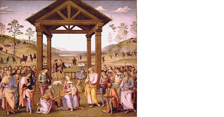 Adoration of the Magi by Pietro Perugino: the Holy Family welcomes the Magi under a portico with a hilly landscape in the background.