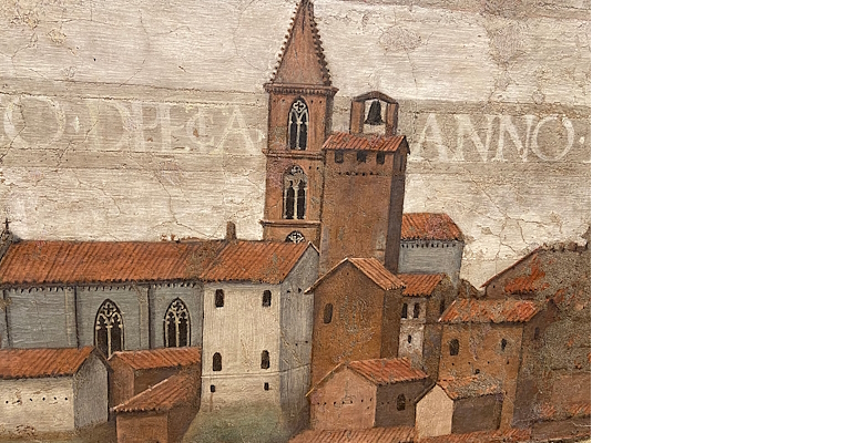 Veduta urbana nella parte inferiore di Padre Eterno con i Santi Rocco e Romano del Perugino, tra torri e tetti in cotto.