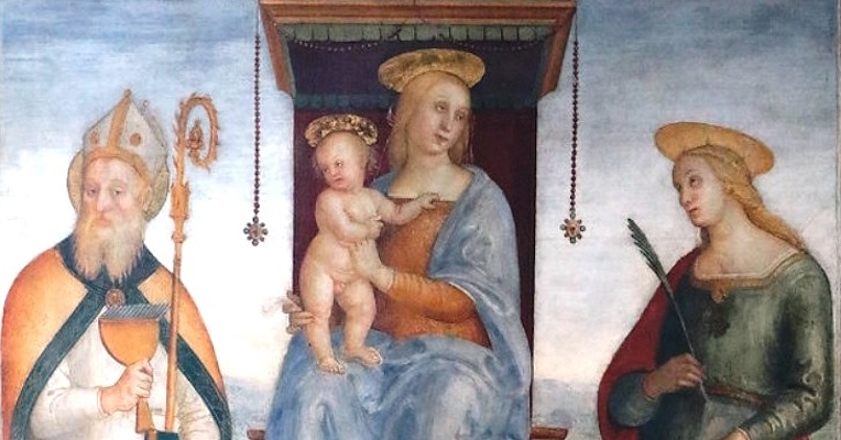 Madonna mit Kind auf dem Thron zwischen dem Heiligen Blasius mit Bischofsstab und Kelch sowie der Heiligen Katharina von Alexandrien mit der Märtyrerpalme.