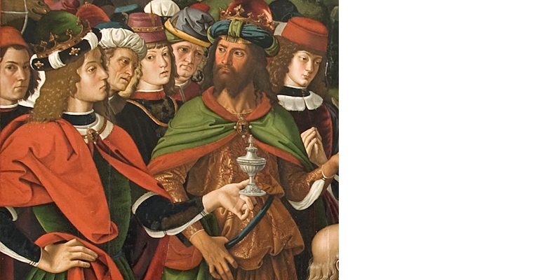 Dettaglio dell'Adorazione dei Magi: i Re Magi, in abiti ricchi e corone, offrono doni con espressioni solenni.