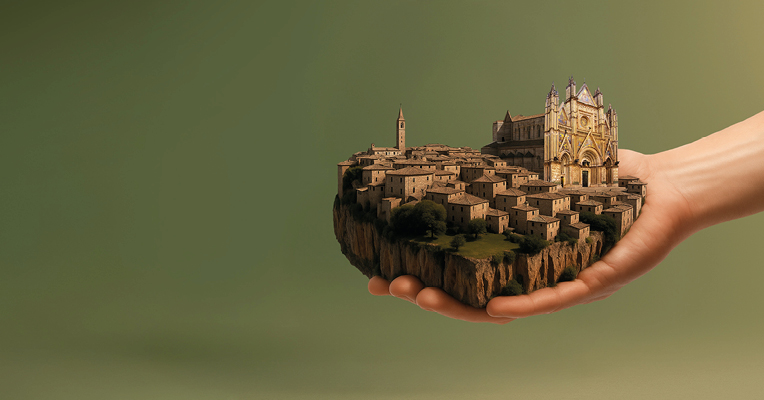 Composizione artistica con una mano che sorregge un borgo ed il Duomo di Orvieto in evidenza.