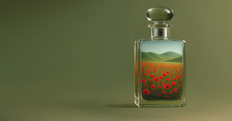 Composizione artistica che evoca il profumo ed i colori dei paesaggi della Valnerina: papaveri della fioritura di Castelluccio
