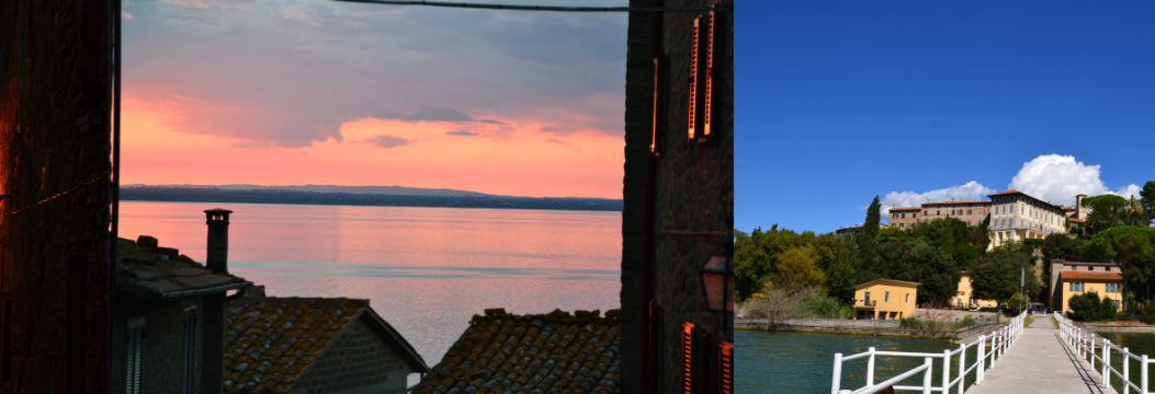 Photographs of the sunset over the lake and the village of Monte del Lago
