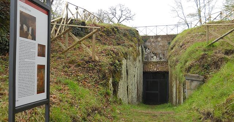 Entrance to the Tomb of the Hescanas with information panel and access dromos