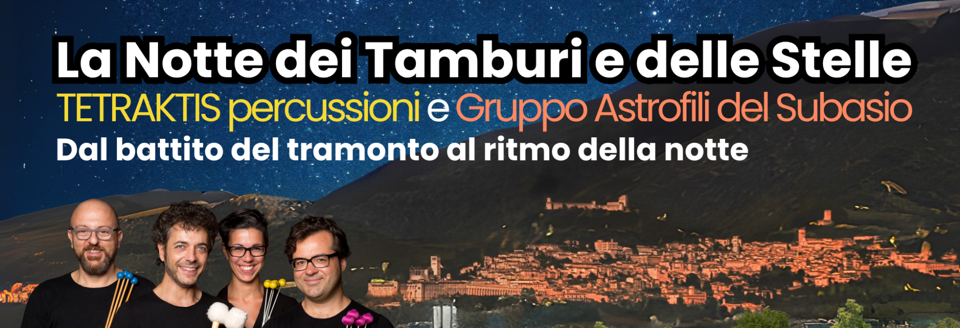 Event poster with photographs of Assisi at sunset and some members of Tetraktis