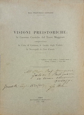Title page of the book Visioni Preistoriche by Francesco Costanzi, on the caves of Torre Maggiore, the city of Cortona, the caves of the Umbri, and the necropolis of Cesi.