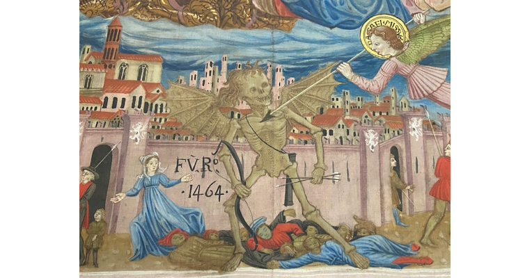 1464 fresco of a winged skeleton spreading death in a medieval town, with the inscription 