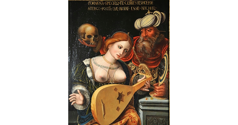 A woman plays the lute while looking in a mirror, next to an old man and a skull.