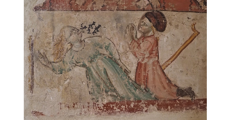 Damaged medieval fresco of an exorcism scene, with a female figure emitting black smoke from her mouth and a praying figure