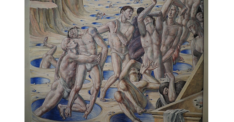 Contemporary artwork showing a dramatic scene of entwined male bodies in a surreal landscape with blue pools