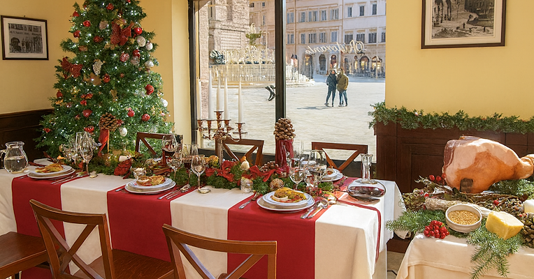  Table dressée pour le déjeuner de Noël avec des décorations de fête et des plats servis, avec un sapin de Noël illuminé près de la fenêtre donnant sur la Piazza IV Novembre de Pérouse. 