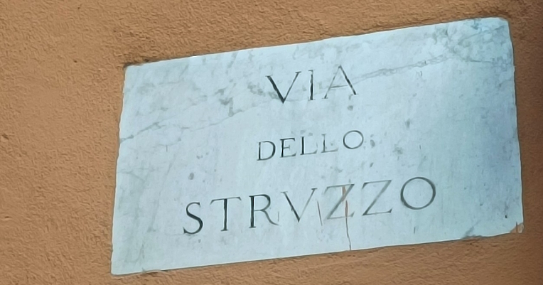 Street plaque of Via dello Struzzo, a street in Perugia linked to the exotic ostrich gifted to Marianna Florenzi by Ludwig of Bavaria.