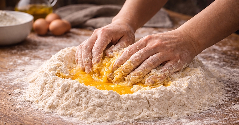 Hands mixing flour and eggs on a wooden table to prepare homemade fresh pasta.