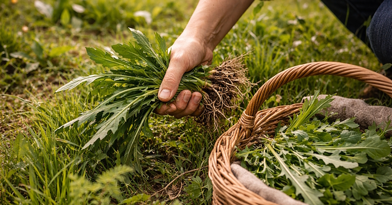 Hand picking wild herbs from an uncultivated field and placing them into a wicker basket.
