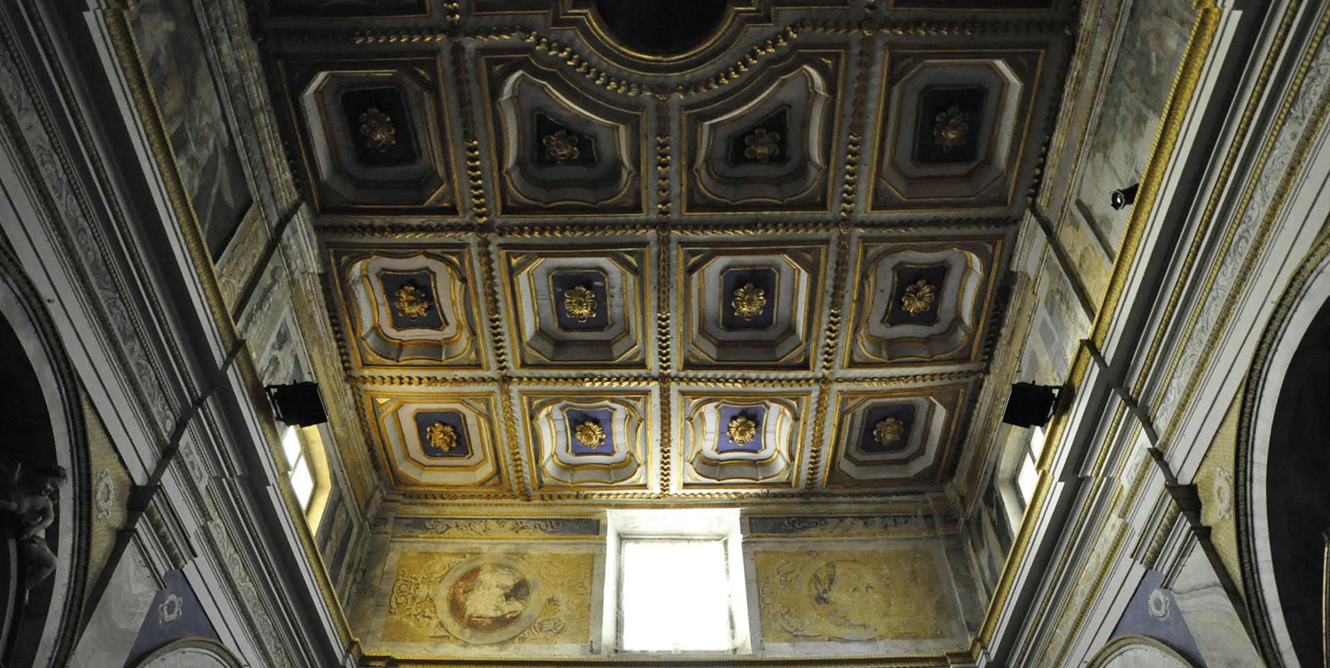 Gilded wooden coffered ceiling of the Collegiata di Santa Maria Assunta e San Gregorio in Montone.