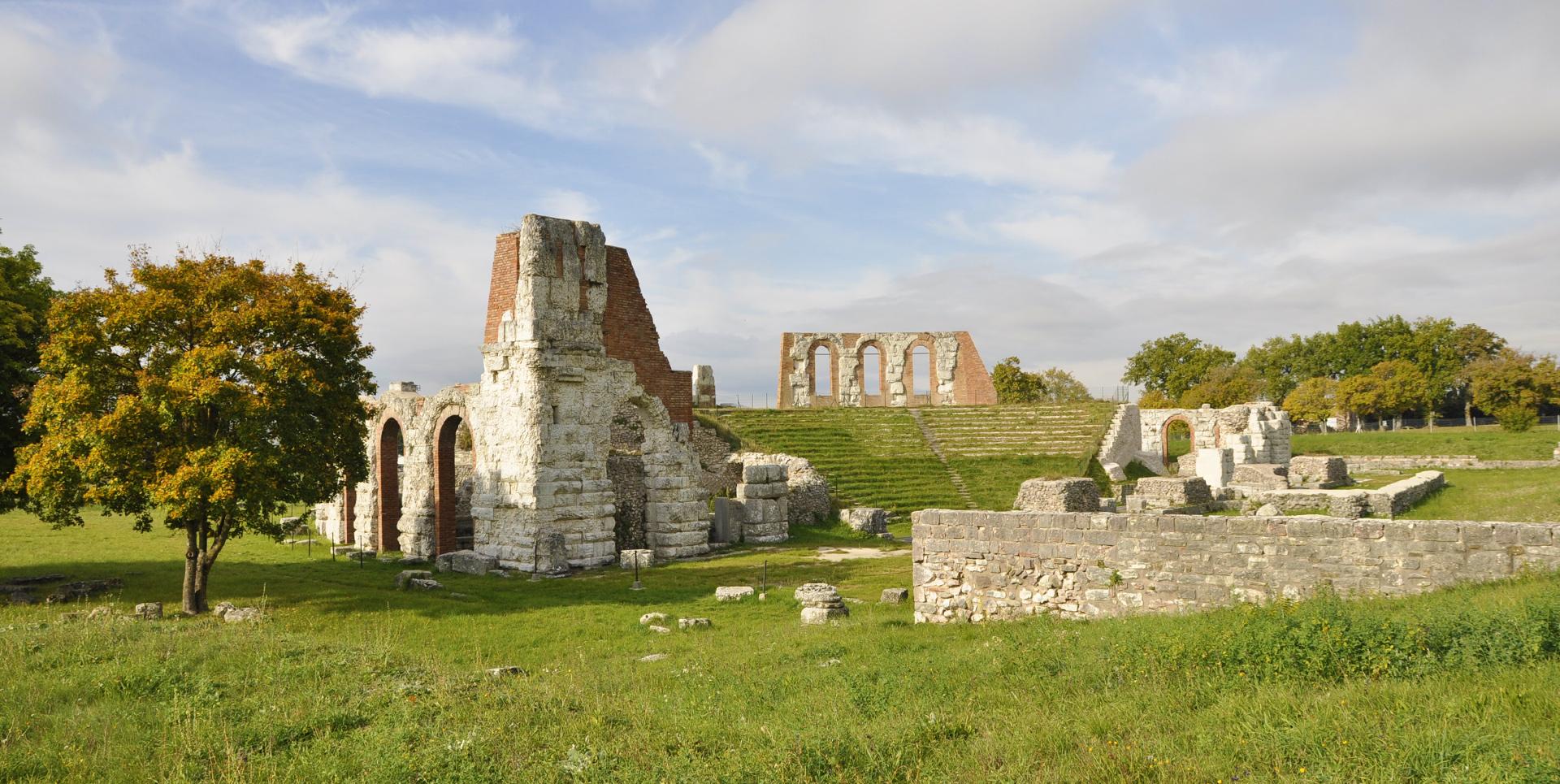 View of the Roman Theatre of Gubbio in the corner between the cavea and the orchestra