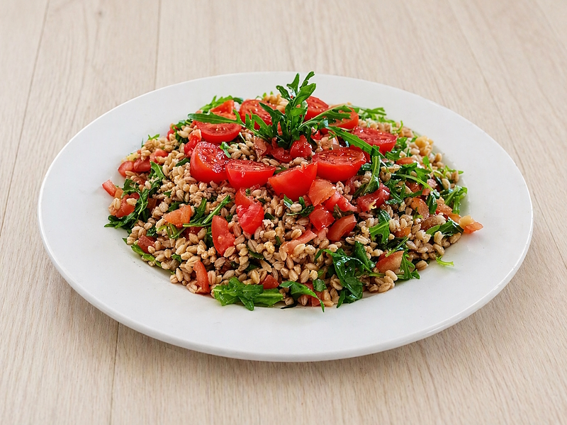 Plate of spelt salad with sliced cherry tomatoes and fresh arugula served on a light wooden table, top view
