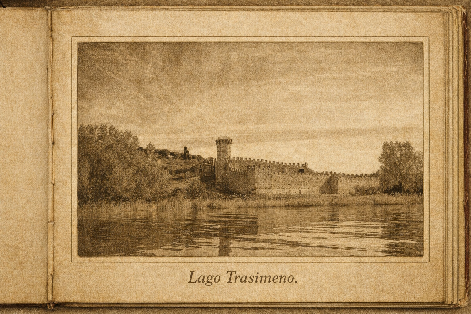 Lago Trasimeno in stile seppia con torre medievale, rive alberate e riflessi sull’acqua calma