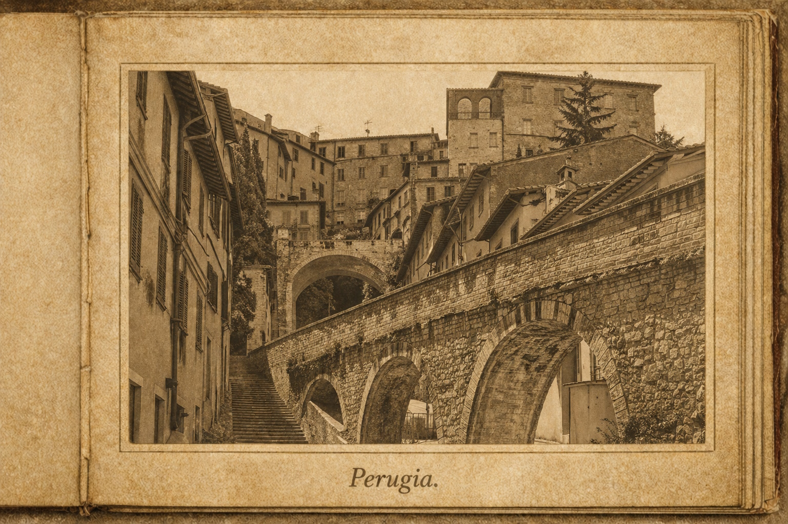 Scorcio di Perugia con acquedotto medievale, archi in pietra e vicoli in salita