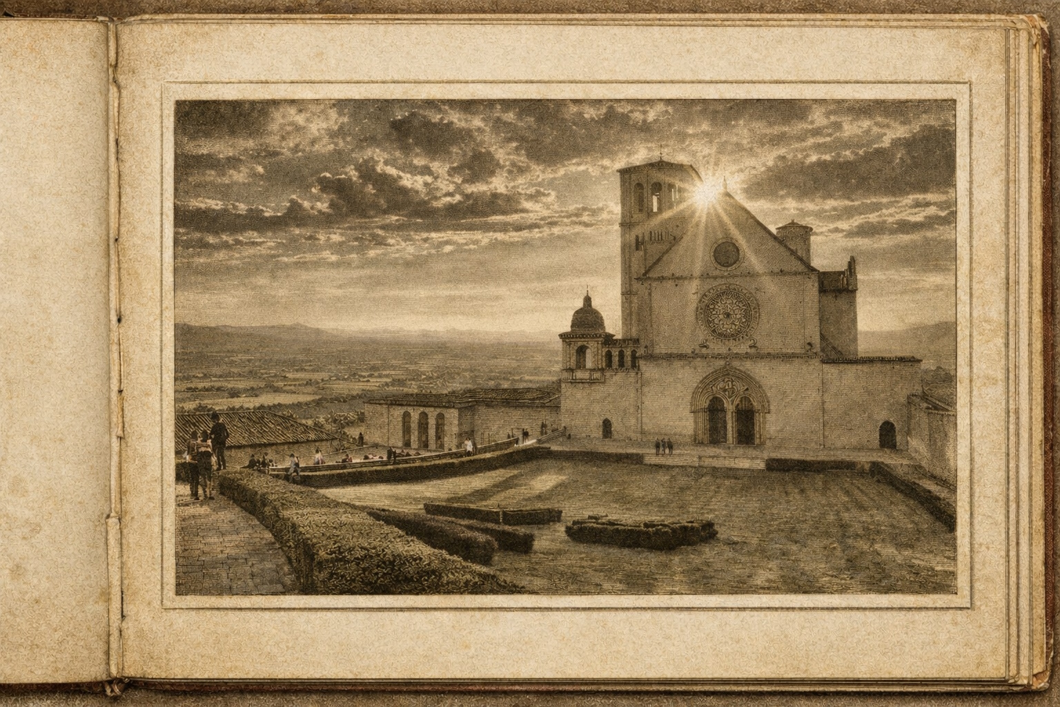 Basilica di Assisi con luce tra le nuvole, vista sulla valle umbra e piazza antistante