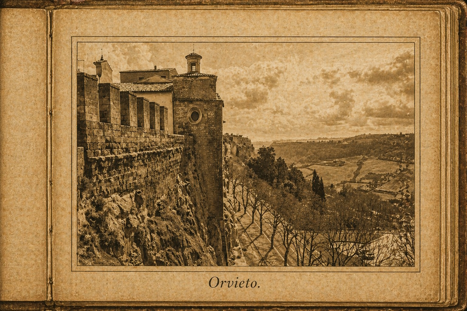 Veduta di Orvieto in tono seppia, con mura medievali e valle umbra sotto un cielo nuvoloso
