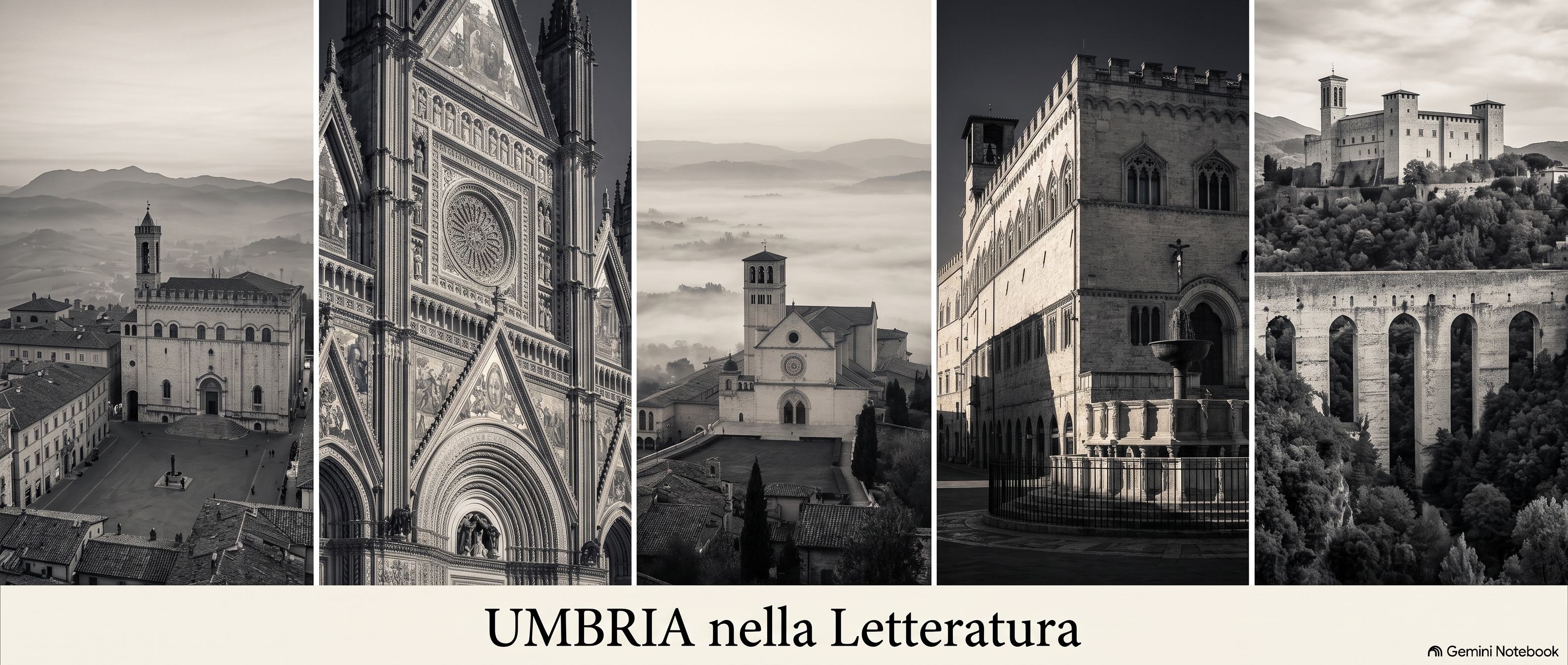 Banner con la scritta “Umbria nella letteratura”, con un paesaggio umbro, una basilica, un borgo e un ponte, libri antichi e un quaderno con penna