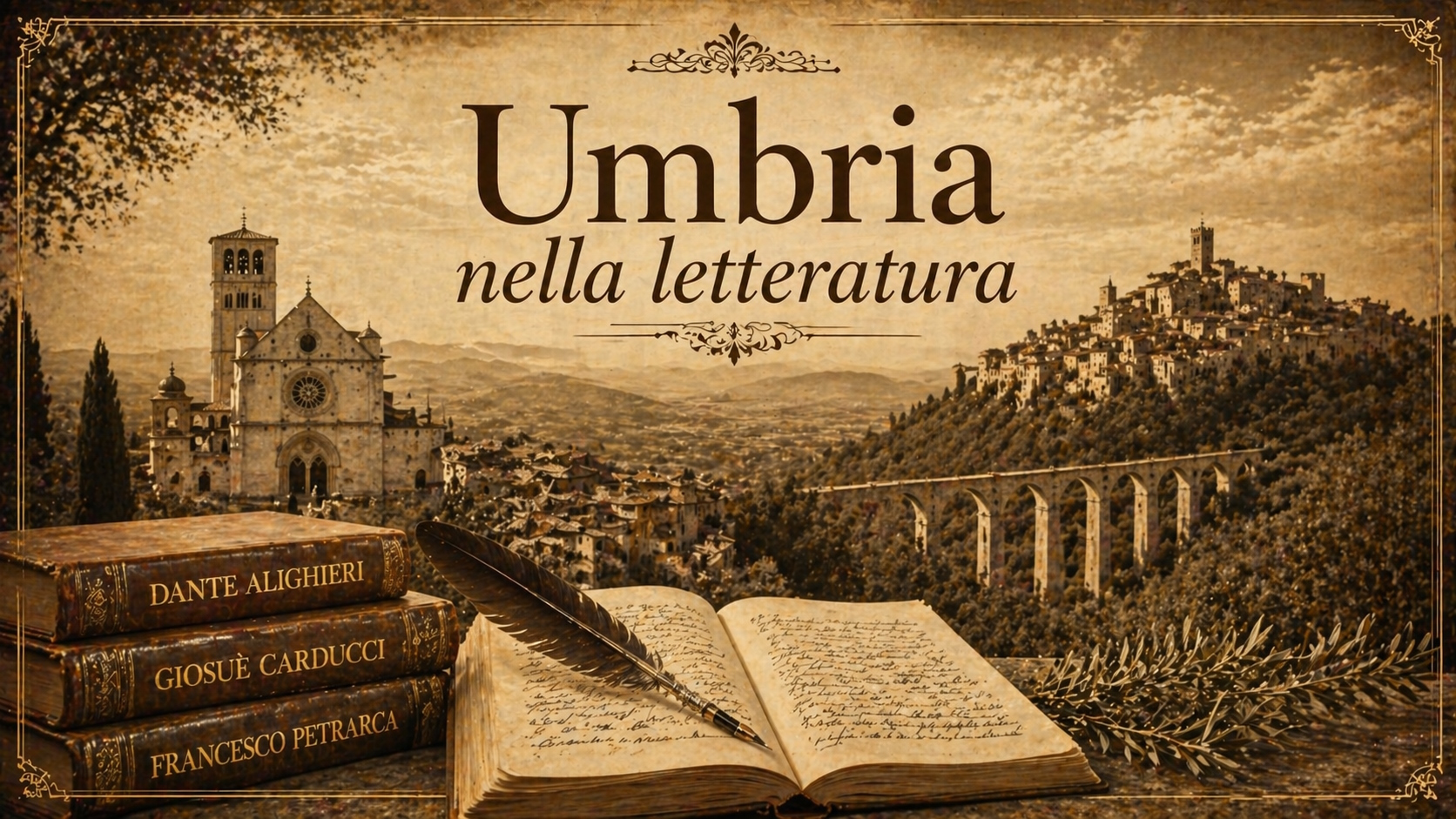 Banner with the text “Umbria in literature”, showing an Umbrian landscape, a basilica, a hilltop village and a bridge, with antique books and a notebook with a pen