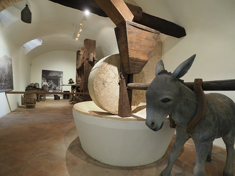 Historic olive mill with stone millstone and reconstruction of olive processing at the museum in Trevi.