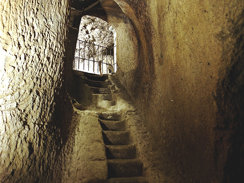 Tufa-carved staircase with side chutes once used to lower barrels into the cellars of the Pozzo della Cava.