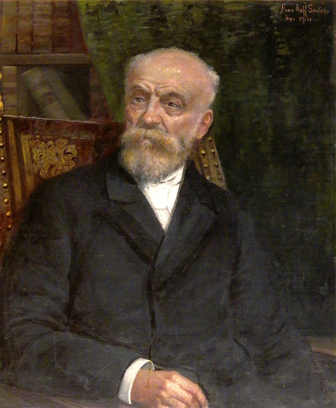 Painting of a seated man with a white beard and dark suit, set against a background of bookshelves and dark tones